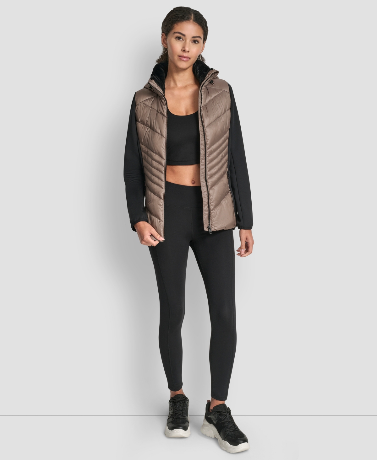 Dkny Women's Chevron Quilt Scuba Mix Collar Jacket In Brown