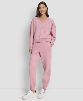 Women's Allover Stack Rhinestone V-Neck Sweatshirt