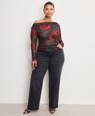 Women's Mesh Ruched Asymmetric Top, Regular and Plus Size