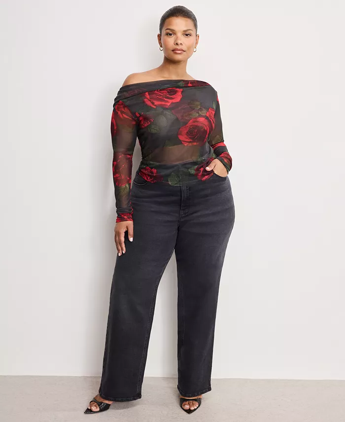 Women's Mesh Ruched Asymmetric Top, Regular and Plus Size - thumbnail 5