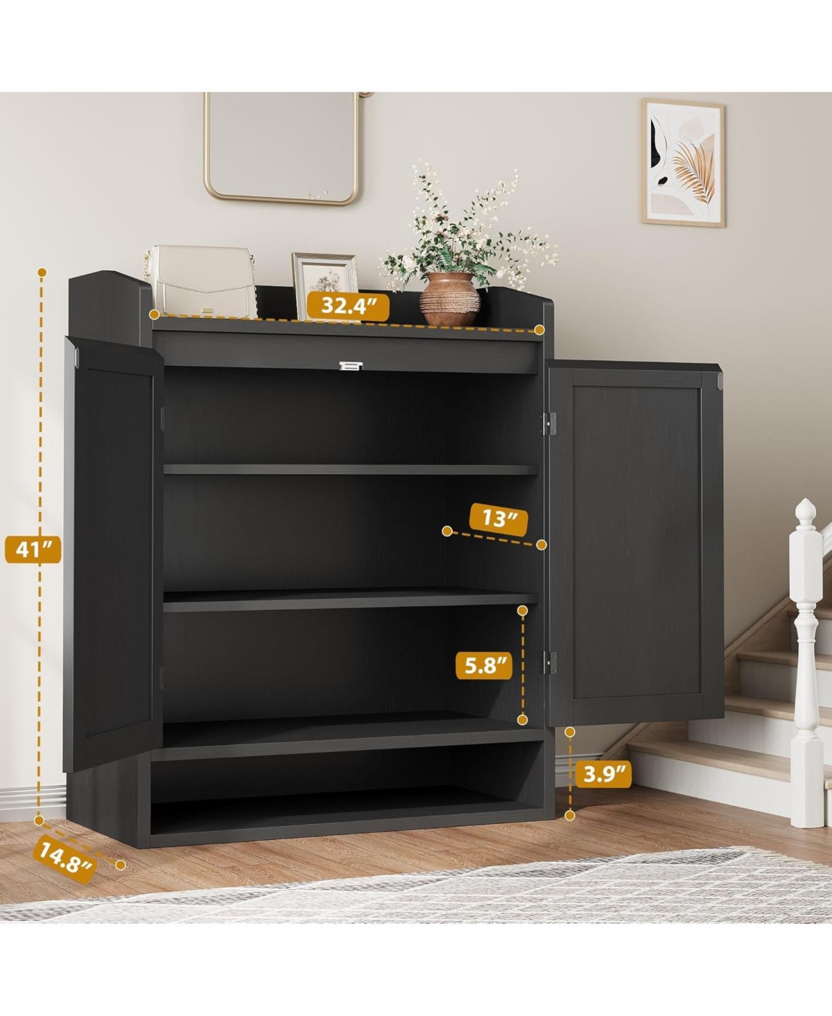 Rattan Shoe Cabinet with 2 Doors, Wooden Shoe Storage Organizer with Adjustable Shelves, 5-Tier Shoe Storage Cabinet for Entryway, Hallway, Closet, Li