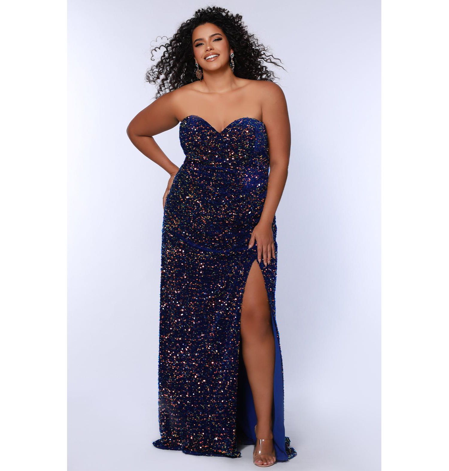 Plus Size Strapless Royal Blue Sequin Velvet Fitted Formal Dress with Slit