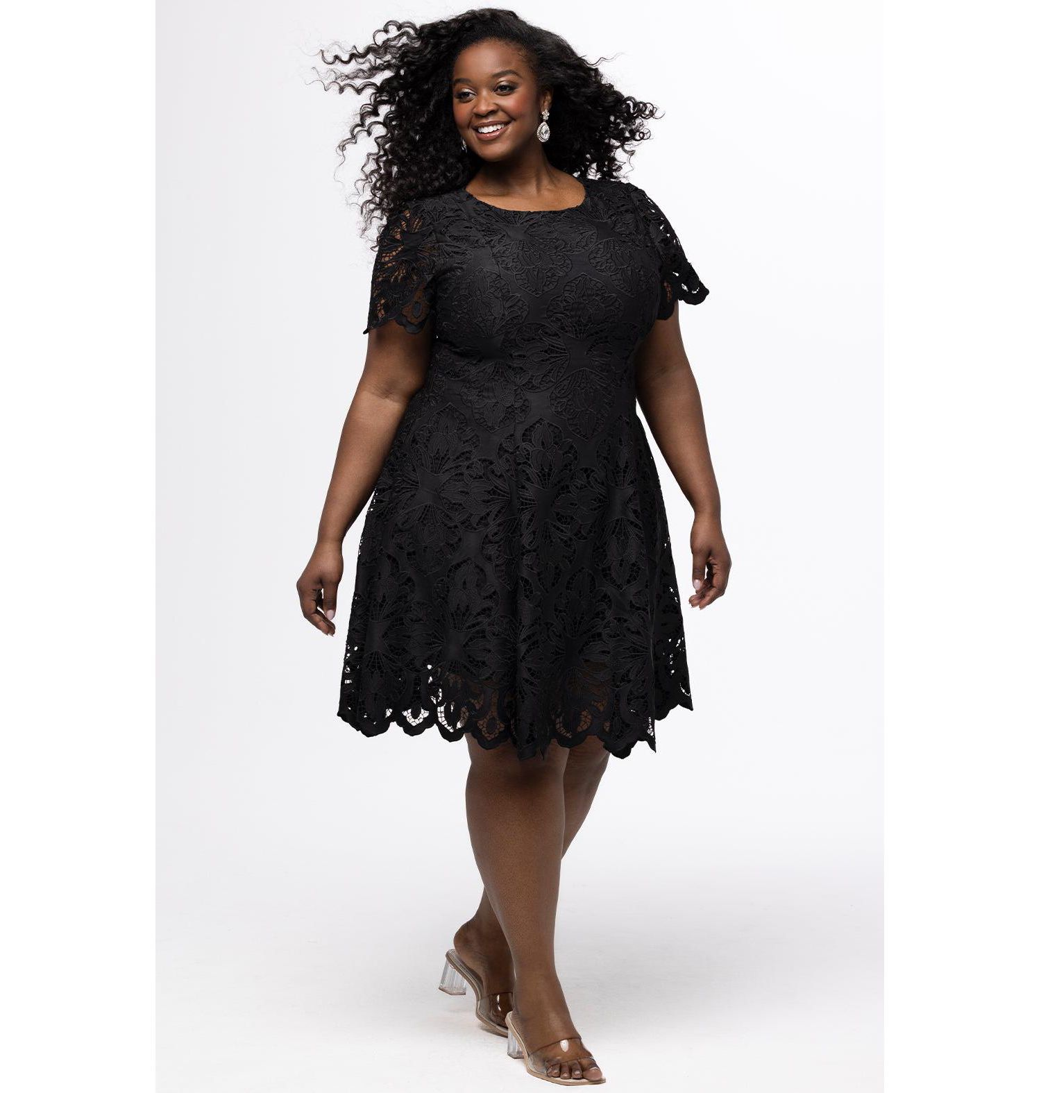 Women's Lace Little Black Party Dress with Cap Sleeve