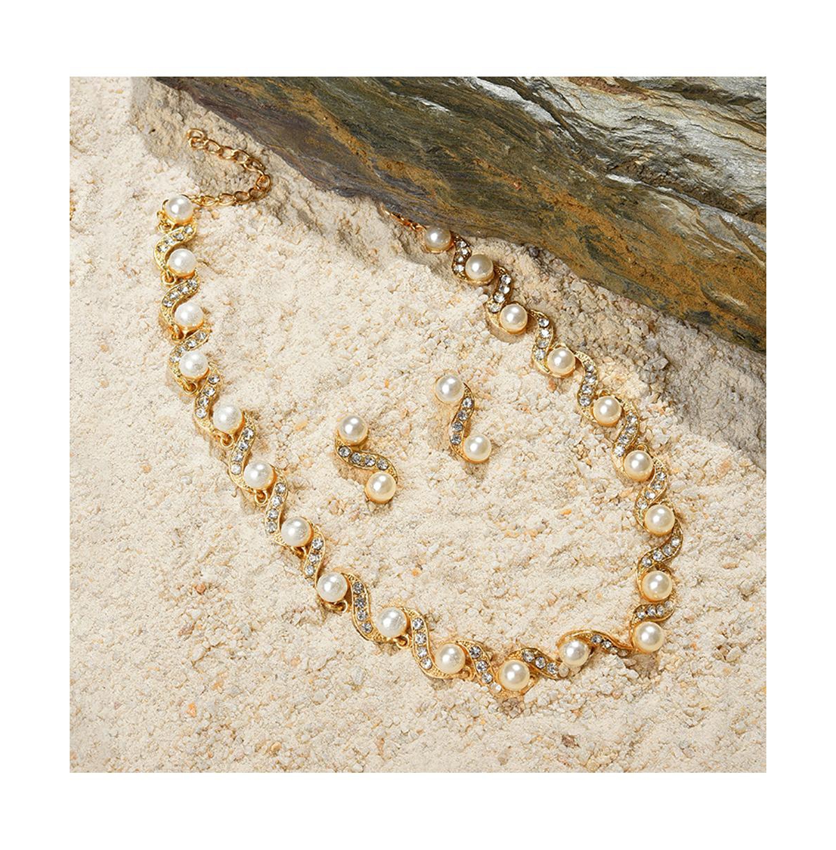 Sohi Women's Gold Pearl Swirl Necklace And Earrings (7-8 Mm) (set Of 2) In Brown