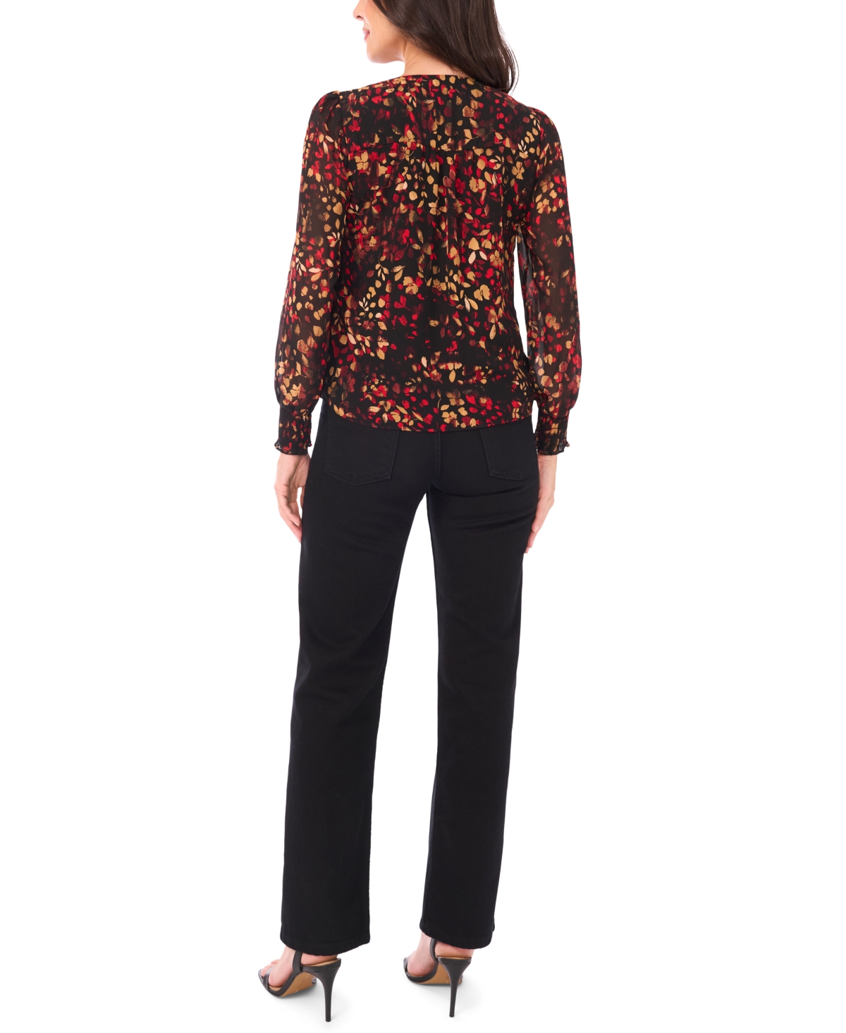 Sam & Jess Petite V-neck Smocked-shoulder Blouse In Brown