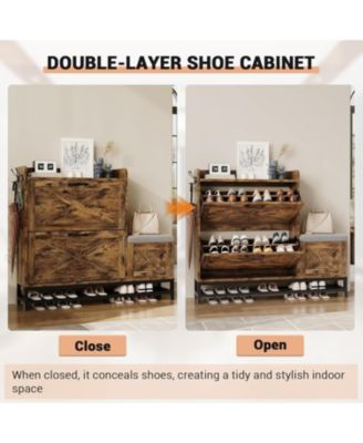 Shoe Cabinet with 2 Flip-Drawers &amp; Storage Bench, Farmhouse Wood Freestanding Shoe Rack with 2 Hooks &amp; Bottom Shelf for Entryway