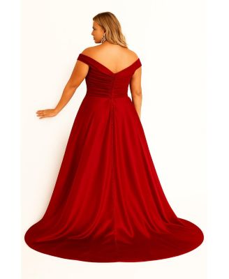 Scarlet Red Off-the-Shoulder Satin Evening Ballgown