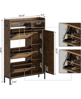 3 Tier Shoe Cabinet with Natural Rattan Flip Drawers for Entryway,Shoe Storage Organizer with Adjustable Shelves for Hallway, Living Room,Brown