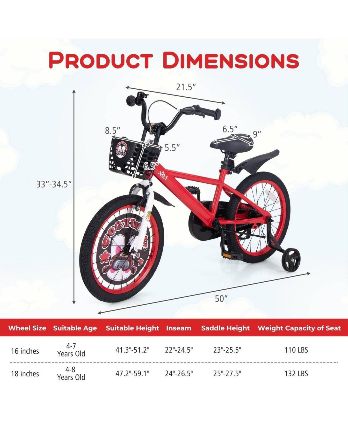Детская игрушка HONGGE 18-Inch Adjustable Kids Bike with Dual Brake and Removable Storage Basket, Ages 4-8, цвет: Красный — фото 3