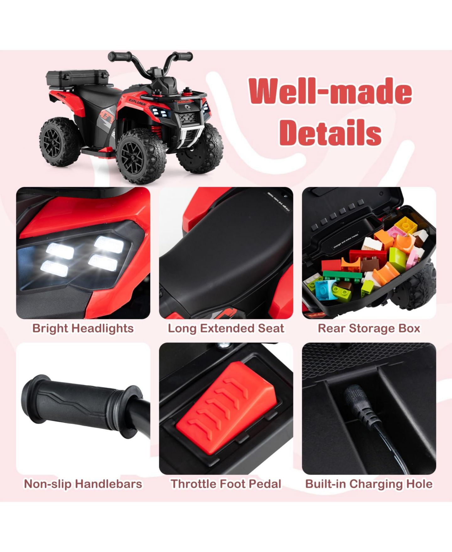 Детская игрушка Mecale 6V Powered Ride-On ATV with Spray Function, Ages 18 Months+, цвет: Яркий красный — фото 4