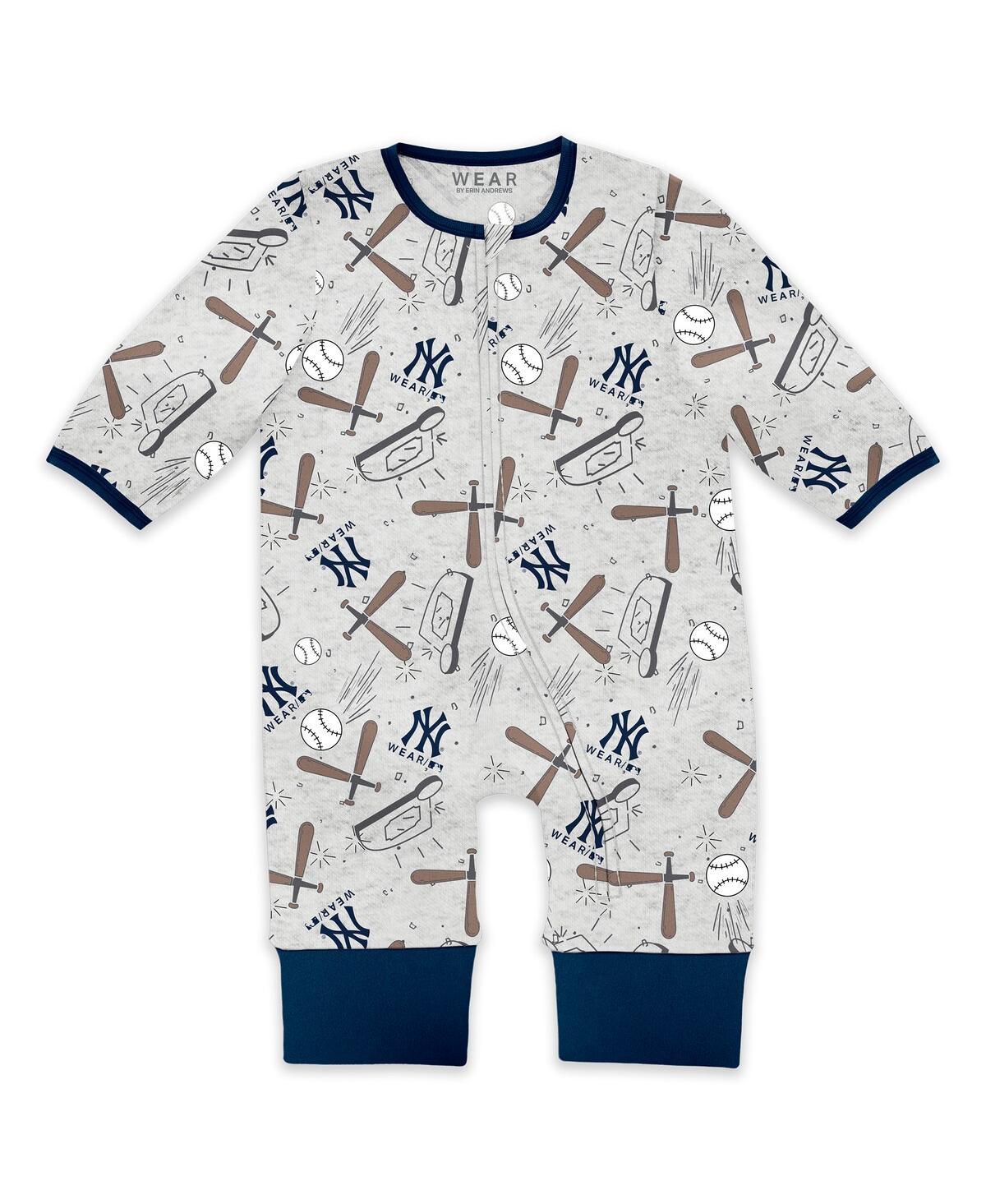 Wear By Erin Andrews Baby Boys And Girls Heather Gray New York Yankees Sleep And Play Full-zip Sleeper Bib Set In Blue