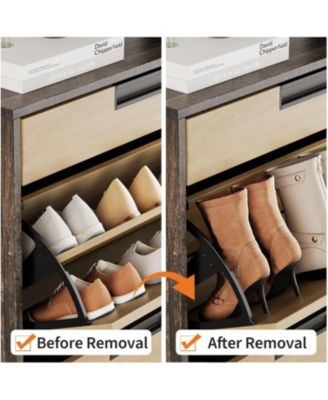 Shoe Storage Organizer with 2 Flip Drawers and 1 Drawer, Freestanding Narrow Shoe Rack, Shoe Storage Organizer with 3-Tier Adjustable Shelves, Oak