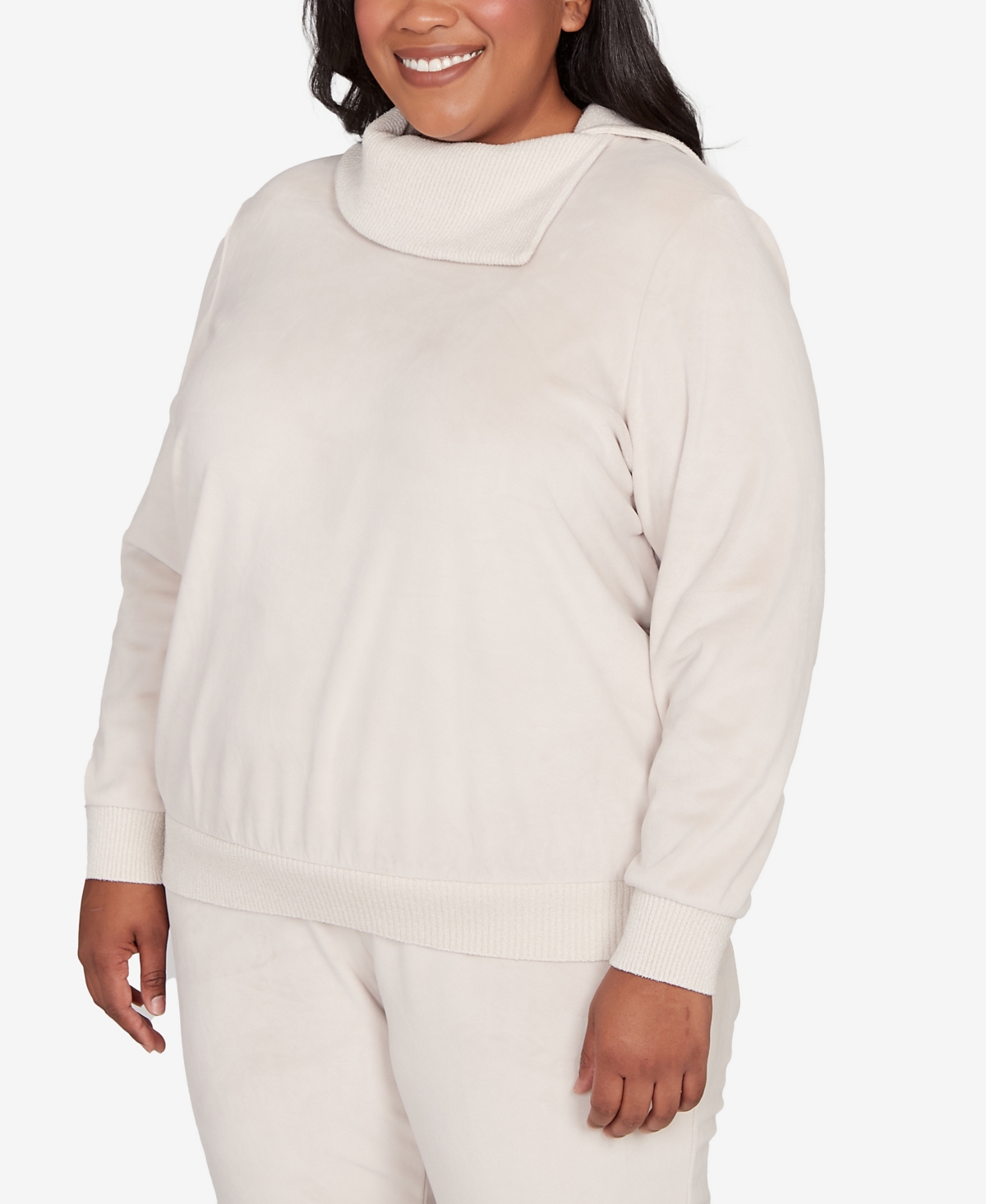 Alfred Dunner Plus Size Calm Luxe Solid Shimmer Detail Envelope Neck Top In White