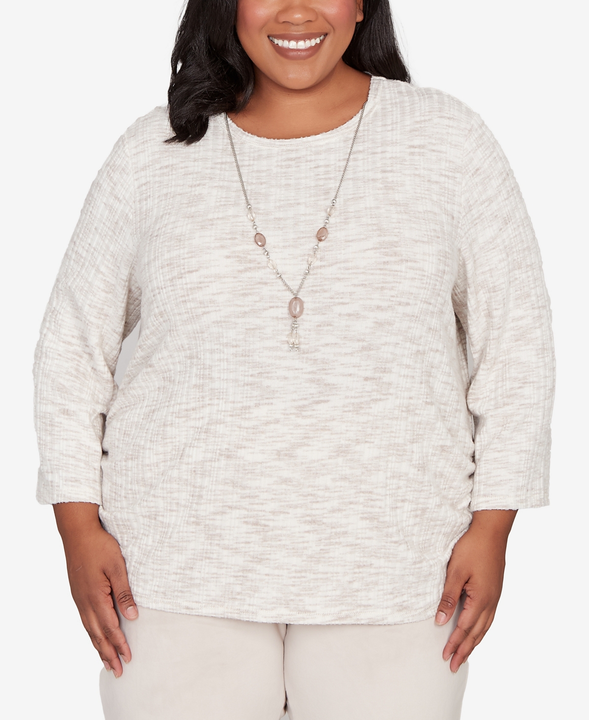 Alfred Dunner Plus Size Calm Luxe Space Dye Knit Top With Necklace In Neutral
