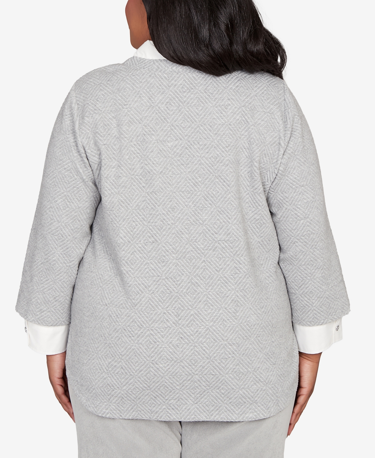 Alfred Dunner Plus Size Stockbridge Diamond Jacquard Two In One Top With Necklace In Gray