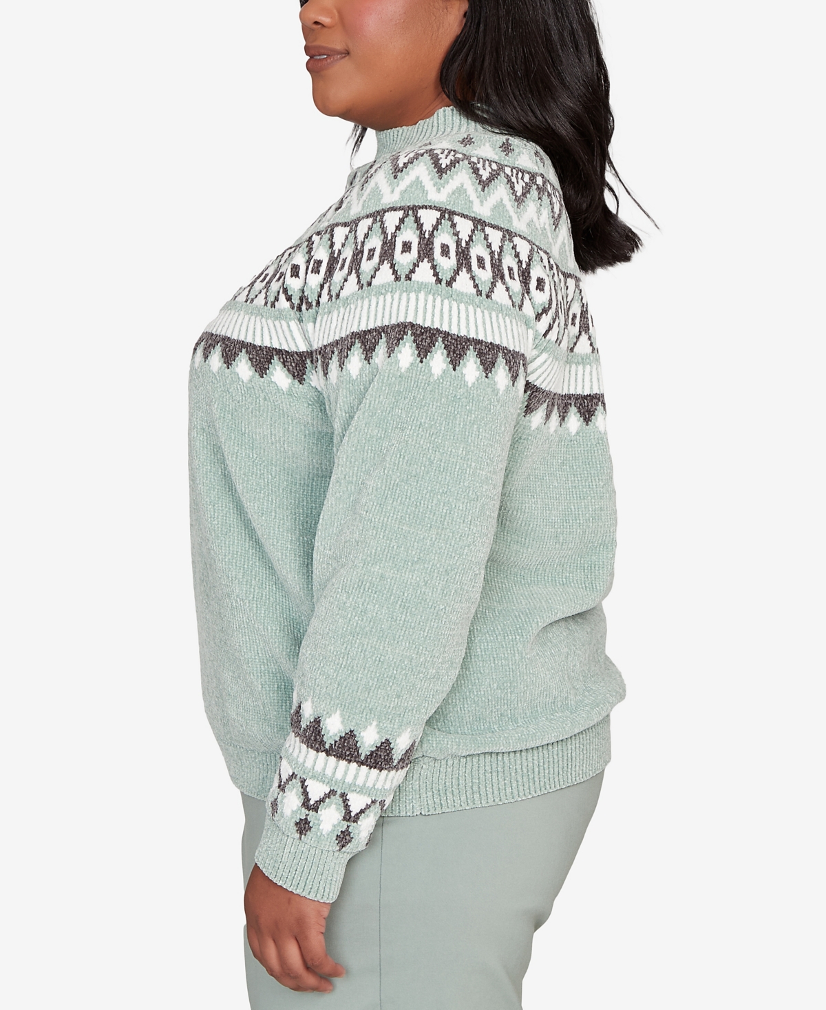 Alfred Dunner Plus Size Stockbridge Fair Isle Pattern Chenille Sweater In Green