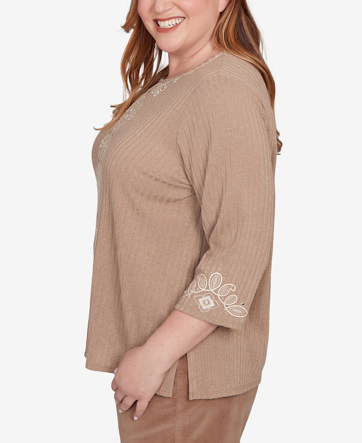 Alfred Dunner Plus Size Vienna Embroidered Medallion Center Knit Top In Brown