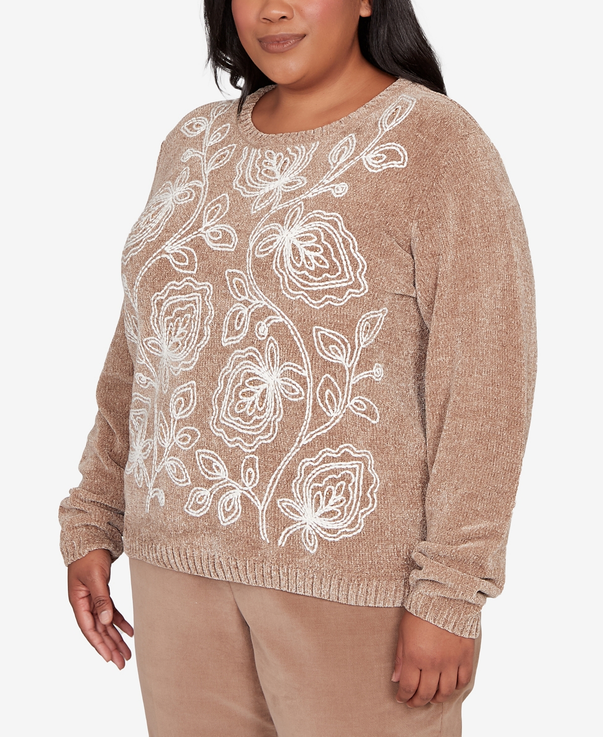 Alfred Dunner Plus Vienna Stitched Leaf Detail Chenille Sweater