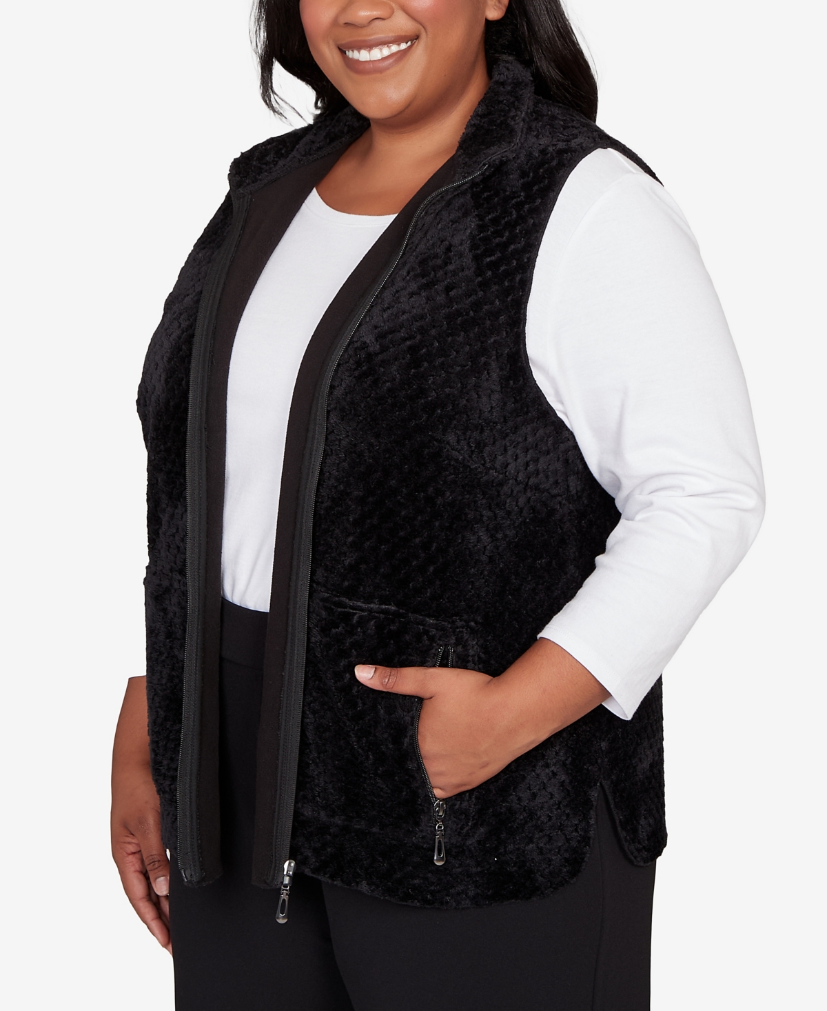Alfred Dunner Plus Size Barcelona Plush Fleece Lined Mock Neck Vest In Black