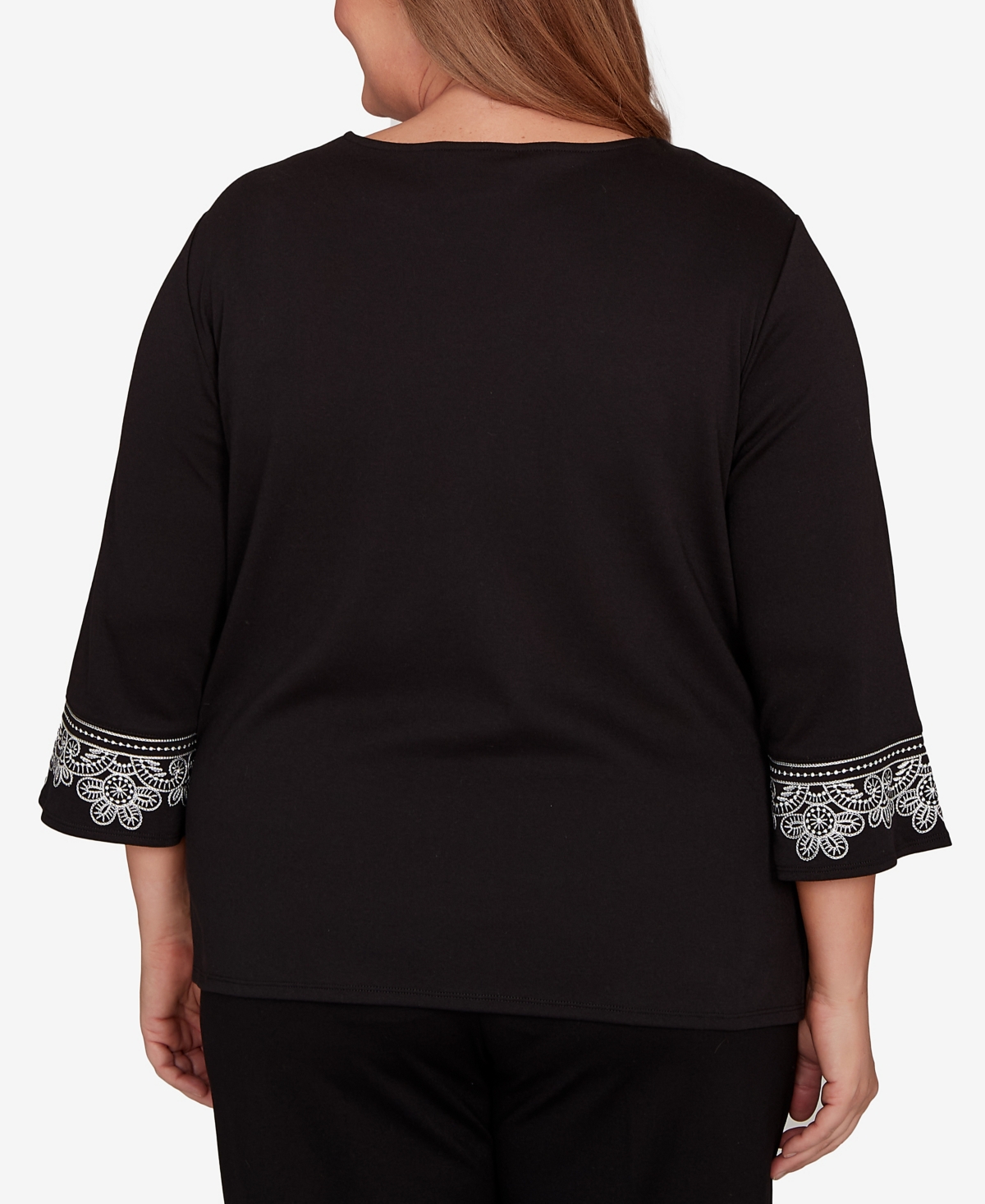 Alfred Dunner Plus Size Barcelona Embroidered Scroll Accent Soft Knit Top In Black
