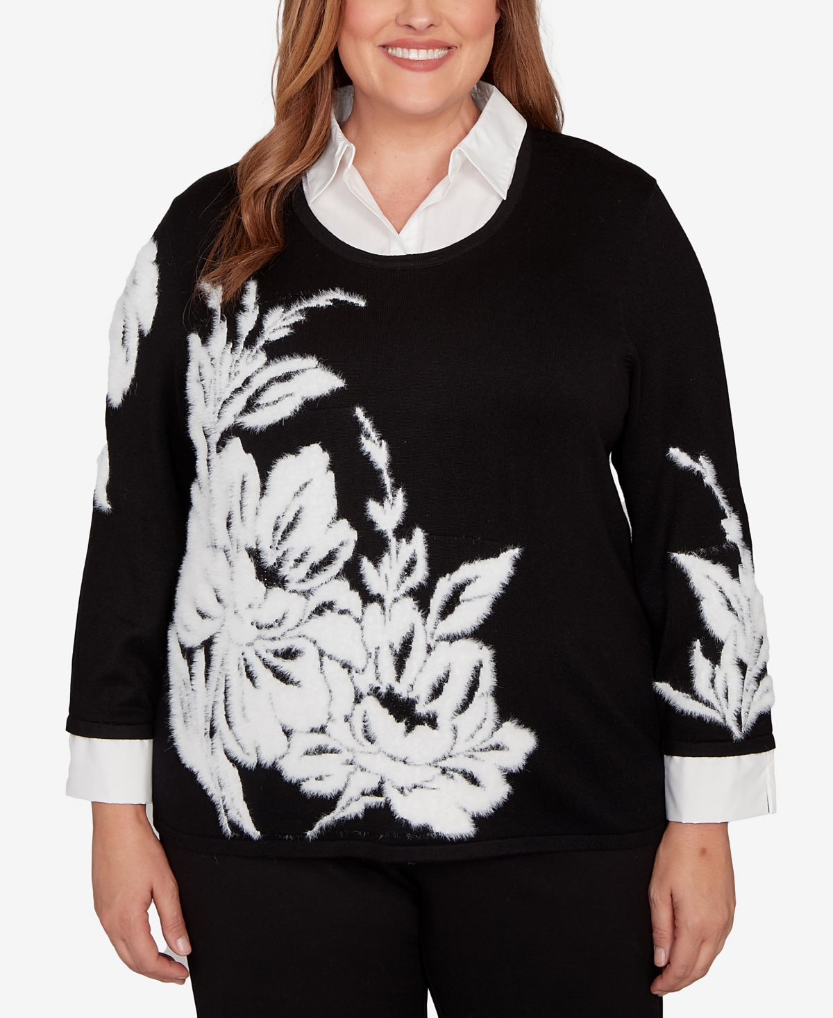 Alfred Dunner Plus Size Barcelona Dramatic Floral Two In One Sweater In Black