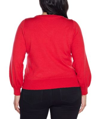 Plus Size  V-Neck Rhinestone-Bow Sweater