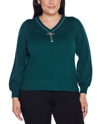 Plus Size  V-Neck Rhinestone-Bow Sweater