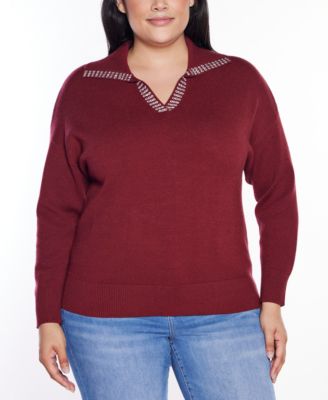Plus Size  Rhinestone-Trimmed Split-Neck Sweater