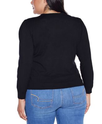 Plus Size  Puff Sleeve Embellished Neckline Sweater