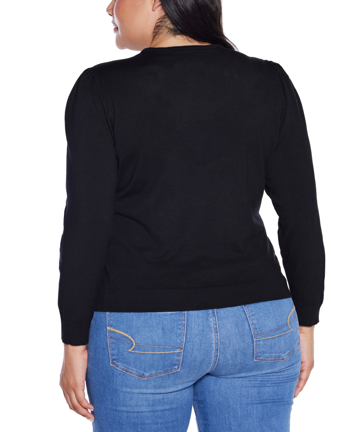 Belldini Women's Puff Sleeve Embellished Neckline Sweater In Black