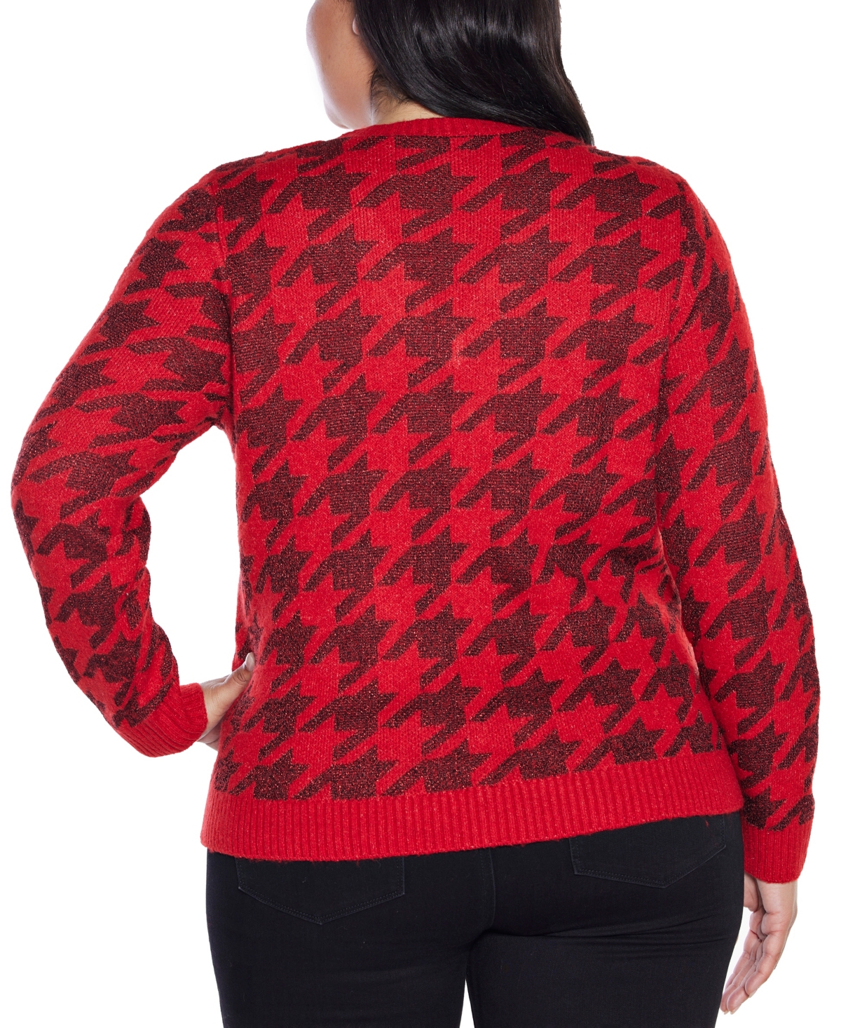 Belldini Plus Size Stylized-houndstooth V-neck Sweater In Red