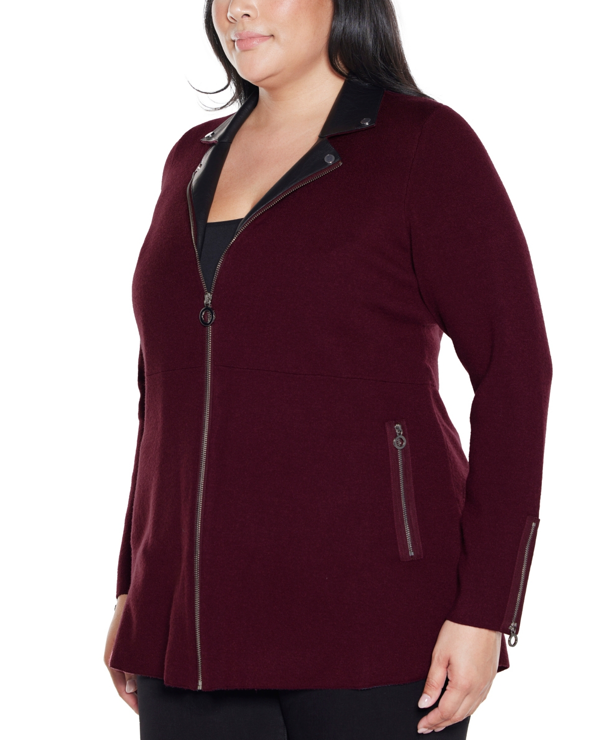 Belldini Plus Size Black Label Collared Sweater Jacket In Burgundy