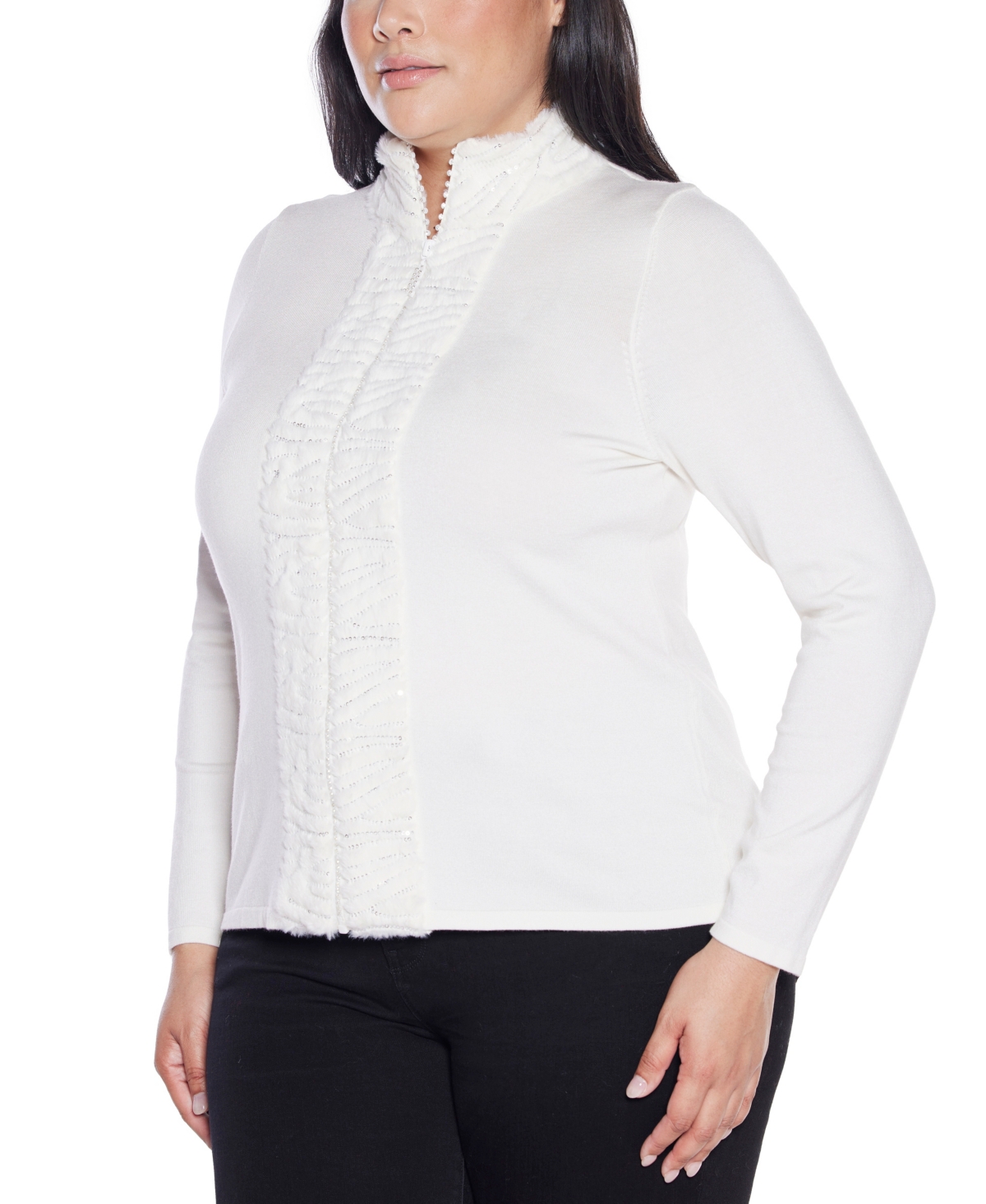 Belldini Plus Size Black Label Trim Rhinestone-zip Cardigan Sweater In White