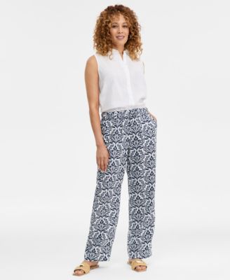 Charter Club - Women's Linen Tile Pull-On Wide-Leg Pants