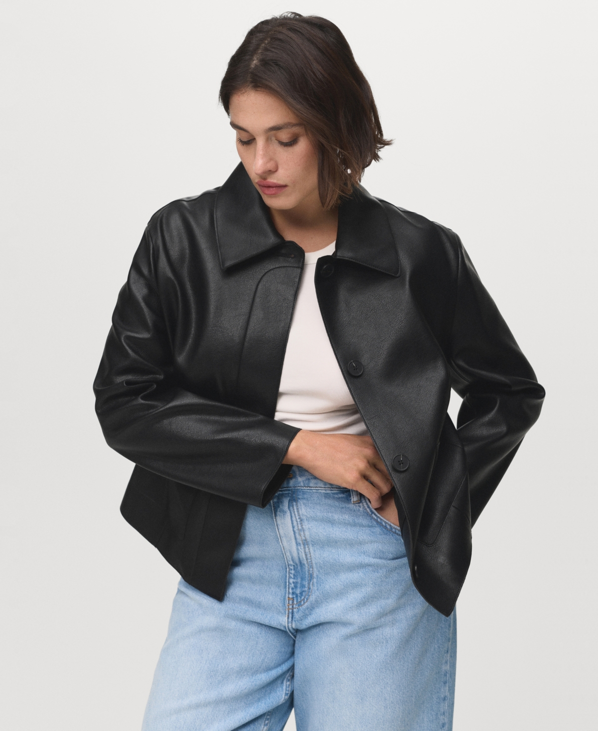 Mango Women's Pockets Leather-effect Jacket In Black