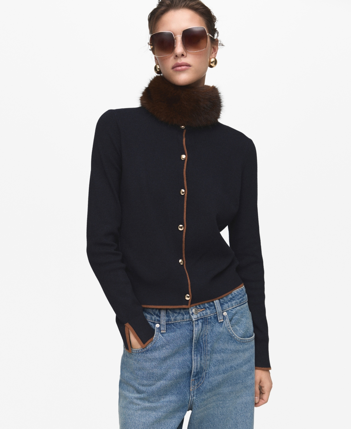 Mango Split Cuff Button Front Cardigan In Black