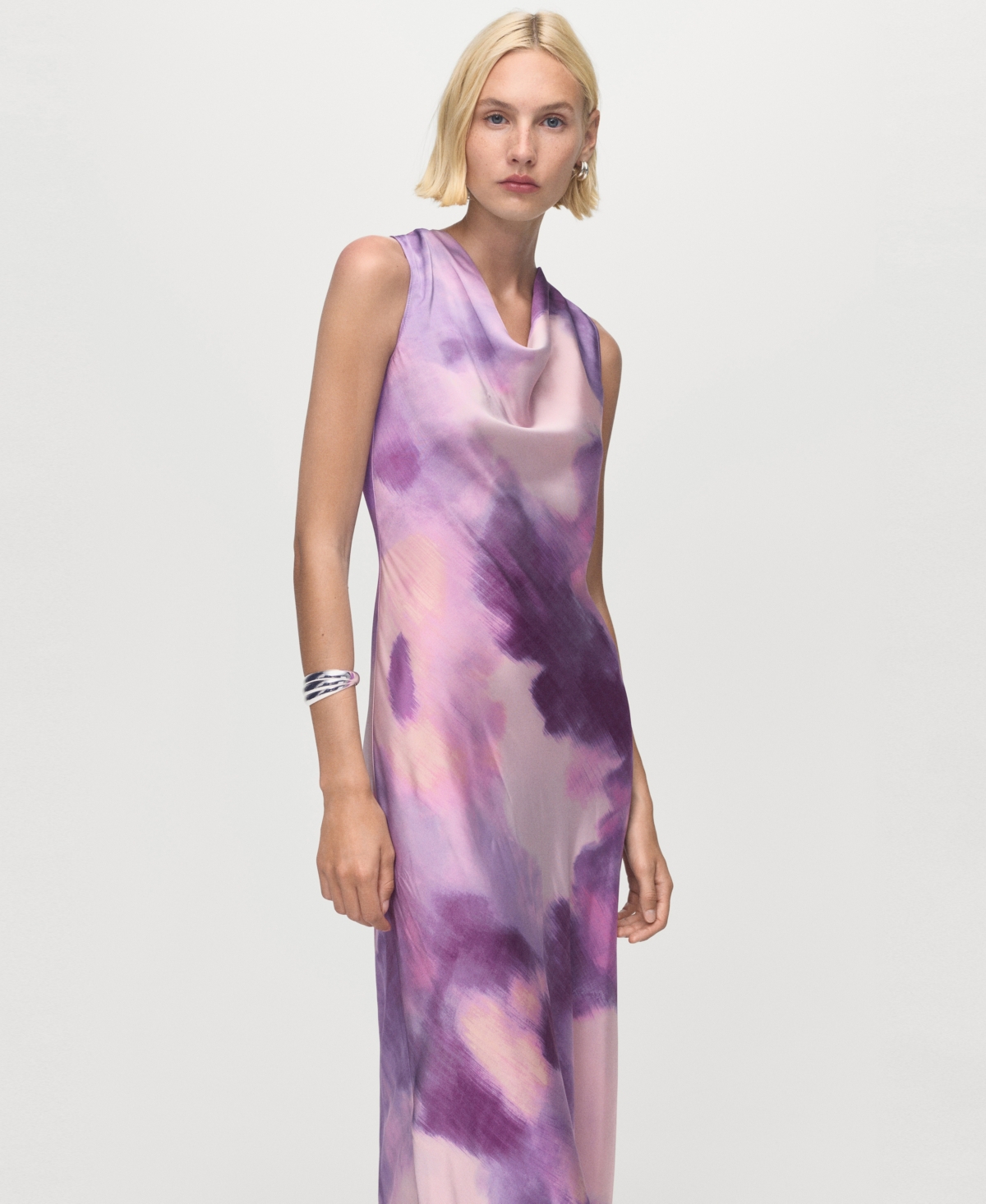 Mango Women's Draped Neckline Satin Tie-Dye Dress