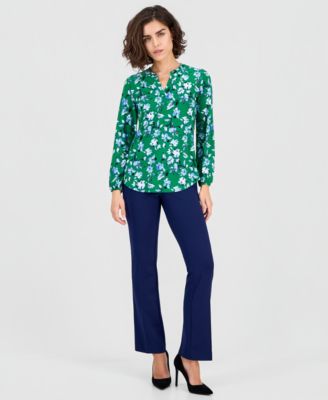 Women's Printed Split-Neck Long-Sleeve Top