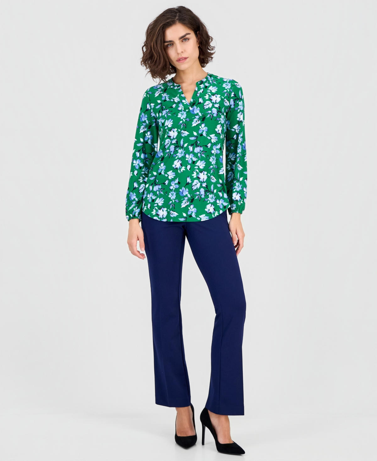 Ak Anne Klein Women's Printed Split-Neck Long-Sleeve Top