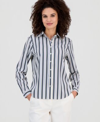 AK Anne Klein - Petite Stripe Slim-Fit Long-Sleeve Shirt