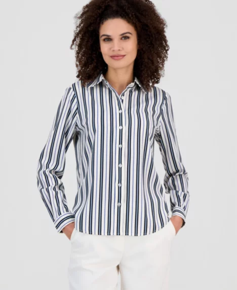 AK Anne Klein Petite Stripe Slim-Fit Long-Sleeve Shirt  - White Dove Multi