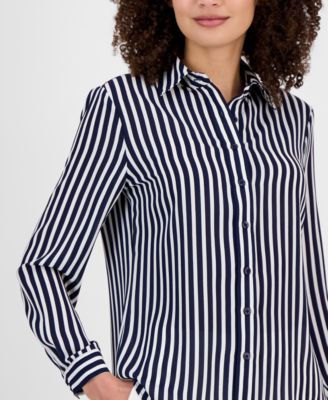 Petite Stripe Button-Front Slim-Fit Shirt 
