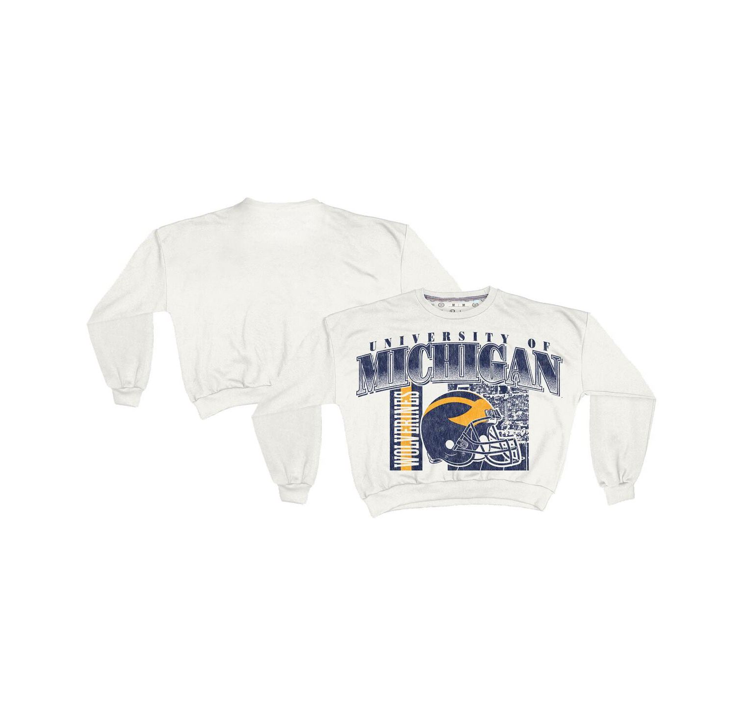 Women's White Michigan Wolverines Oversized Janice Retro Waist-Length Sweatshirt