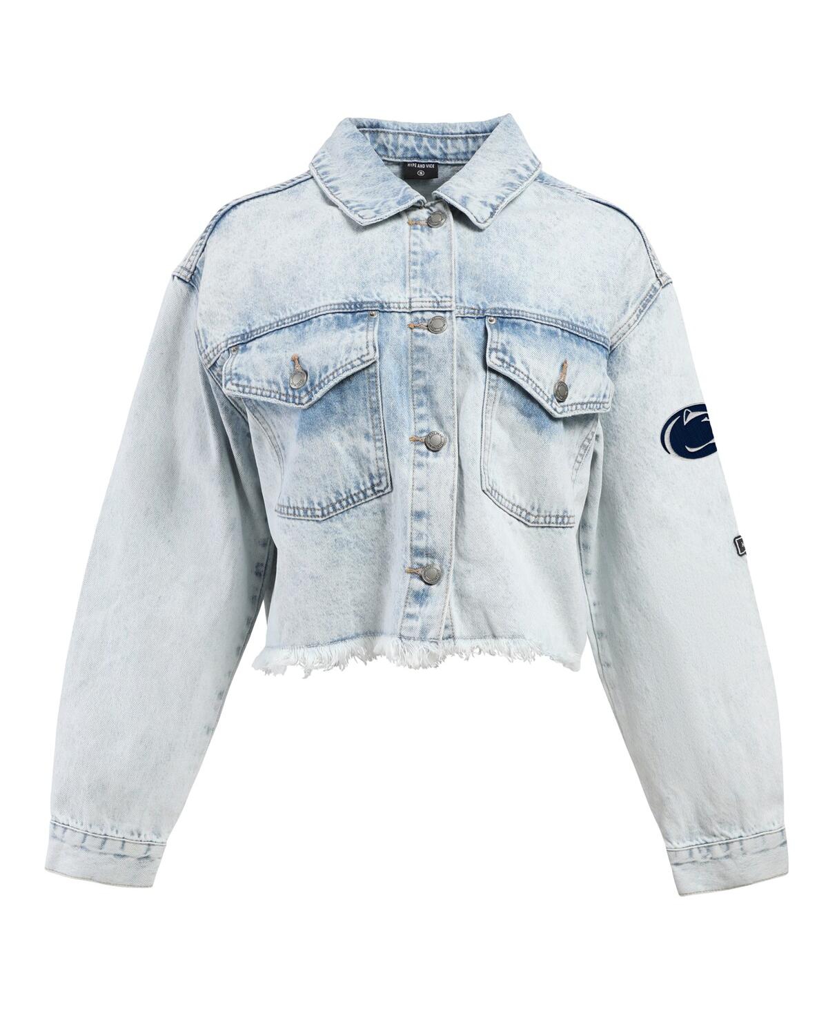 Hype And Vice Women's Denim Penn State Nittany Lions Lightwash Cropped Button-up Jean Jacket In Blue