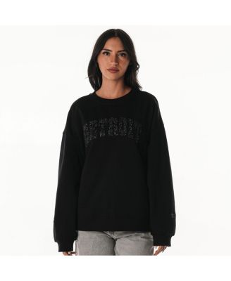 The Wild Collective - Women's Black Detroit Lions Rock Crystal Oversized Crewneck Sweatshirt