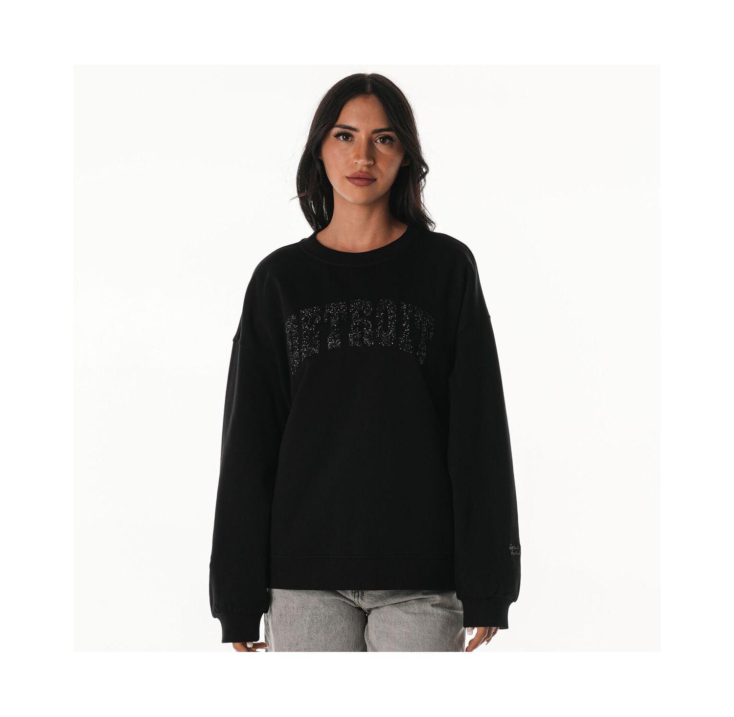 Women's Black Detroit Lions Rock Crystal Oversized Crewneck Sweatshirt