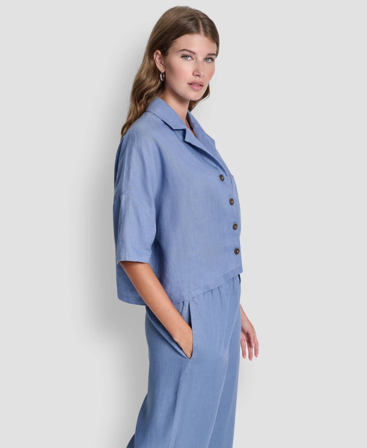 Dkny Women's Button-front Dolman-sleeve Linen Top In Blue