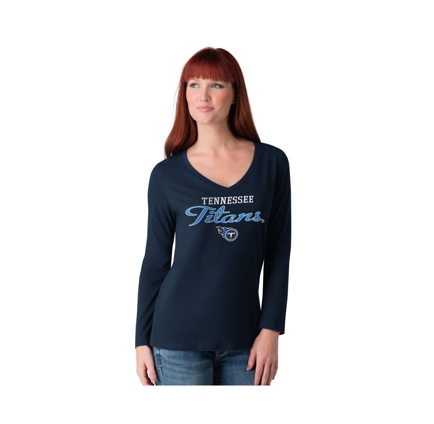 Women's Navy Tennessee Titans Post Season Long Sleeve V-Neck T-Shirt