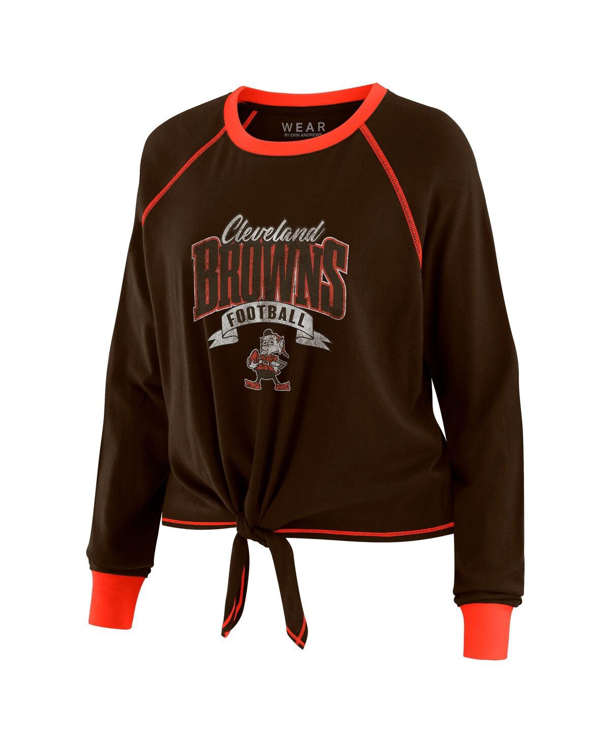 Wear By Erin Andrews Women's Brown/orange Cleveland Browns Tie-front Long Sleeve Top In Brown