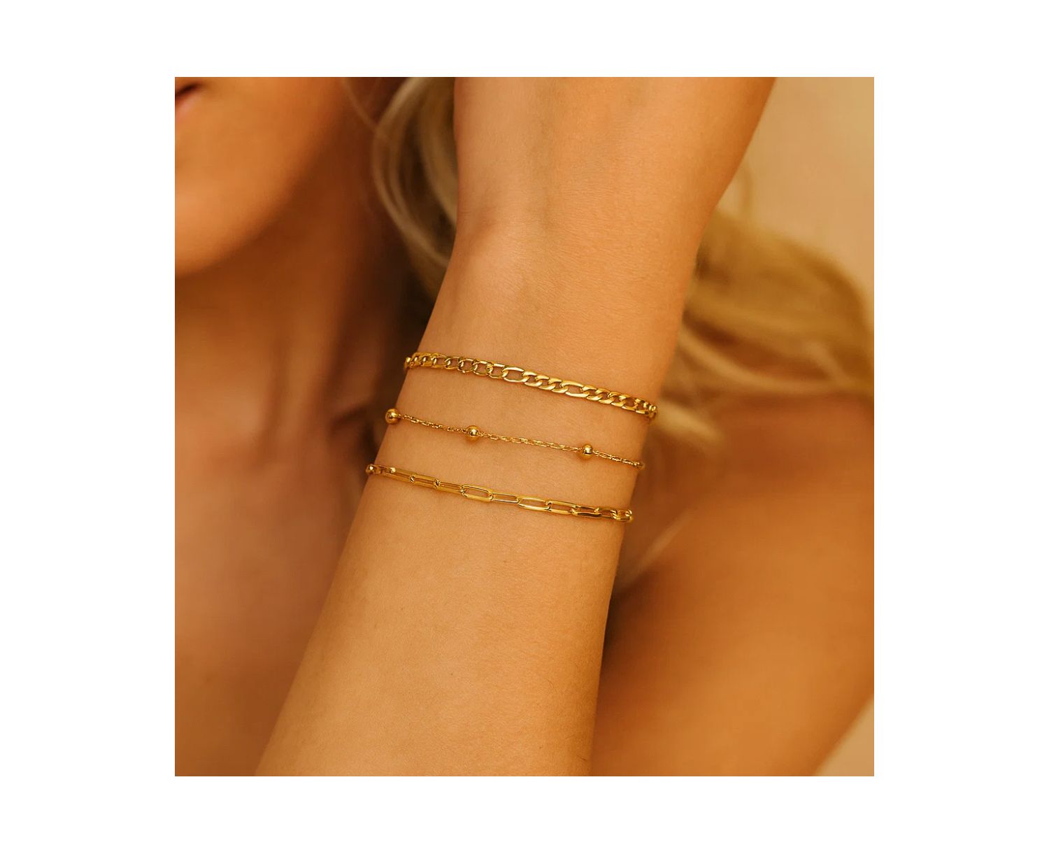 Adriana 3-Piece Stackable Bracelet Trio Set, Beaded, Figaro, Paperclip Link